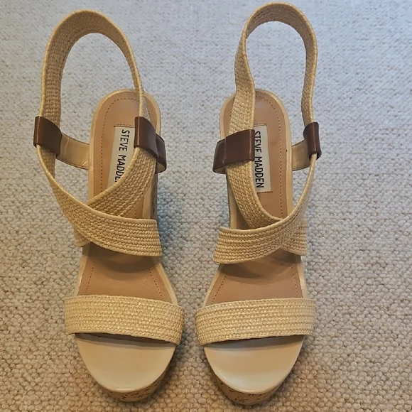 Steve Madden Cream and Brown Wedge Sandals - Picture 2 of 5